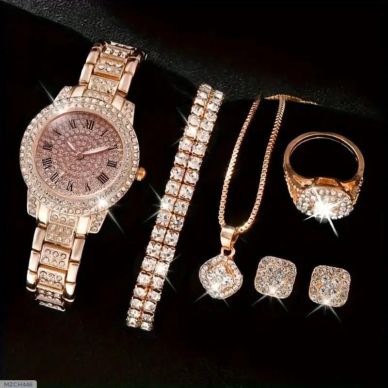 5 in 1 Artificial sets ladies watch, bracelet , necklace, Ring,Earrings