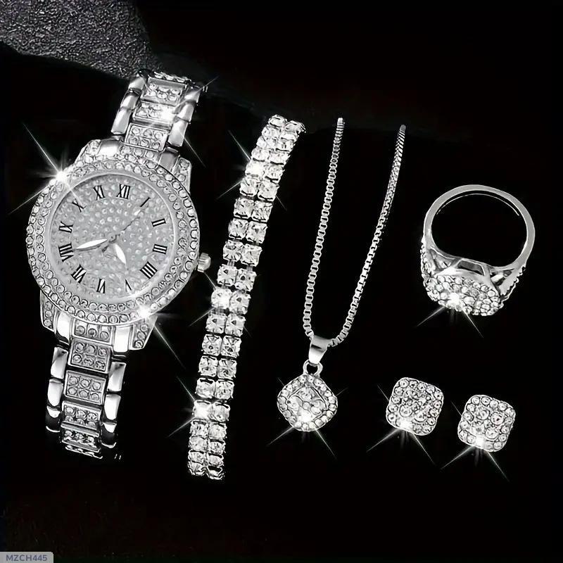 5 in 1 Artificial sets ladies watch, bracelet , necklace, Ring,Earrings