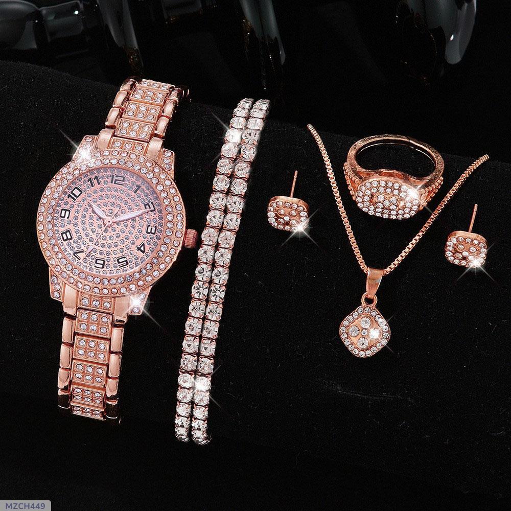 5 in 1 Artificial sets ladies watch, bracelet , necklace, Ring,Earrings